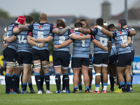 Cardiff Blues players huddle during the Guinness PRO14 Conference A match between Connacht Rugby and Cardiff Blues at the Sportsground in Ga...