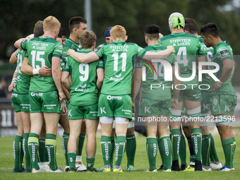 Connacht rugby players huddle during the Guinness PRO14 Conference A match between Connacht Rugby and Cardiff Blues at the Sportsground in G...