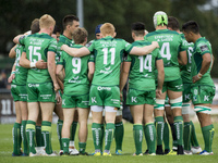 Connacht rugby players huddle during the Guinness PRO14 Conference A match between Connacht Rugby and Cardiff Blues at the Sportsground in G...