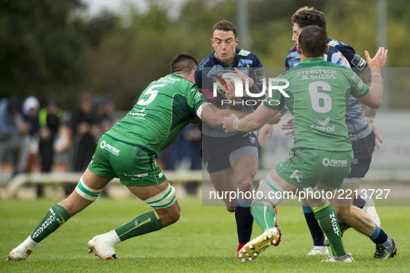 Steven Shingler of Cardiff tackled by Quinn Roux (5) of Connacht during the Guinness PRO14 Conference A match between Connacht Rugby and Car...