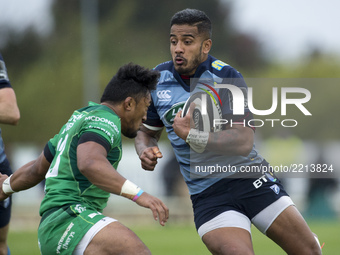 Rey Lee-Lo of Cardiff tackled by Bundee Aki of Connacht during the Guinness PRO14 Conference A match between Connacht Rugby and Cardiff Blue...