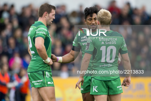 Bundee Aki talks with his teammate Andrew Deegan and Craig Ronaldson of Connacht during the Guinness PRO14 Conference A match between Connac...