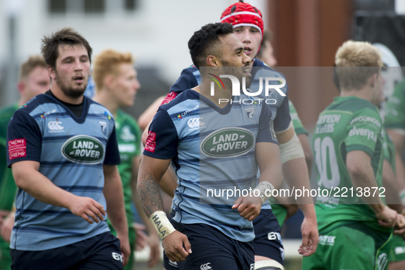 Willis Halaholo of Cardiff celebrates after scores a try during the Guinness PRO14 Conference A match between Connacht Rugby and Cardiff Blu...