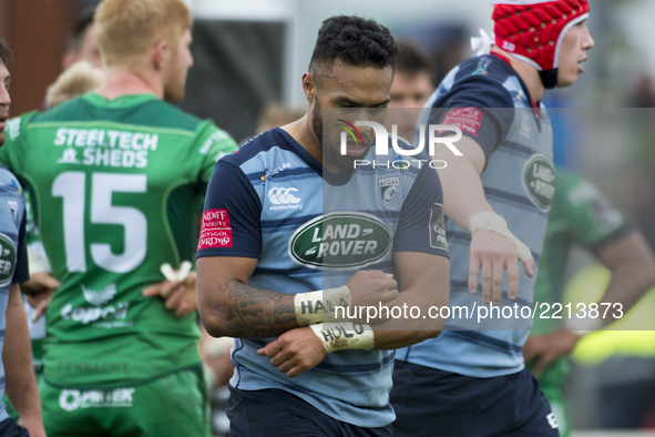 Willis Halaholo of Cardiff celebrates after his try during the Guinness PRO14 Conference A match between Connacht Rugby and Cardiff Blues at...
