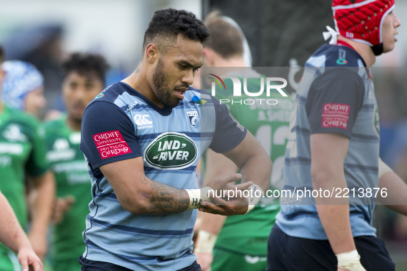 Willis Halaholo of Cardiff celebrates during the Guinness PRO14 Conference A match between Connacht Rugby and Cardiff Blues at the Sportsgro...