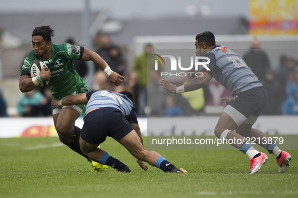 Bundee Aki of Connacht tackled by Willis Halaholo of Cardiff during the Guinness PRO14 Conference A match between Connacht Rugby and Cardiff...