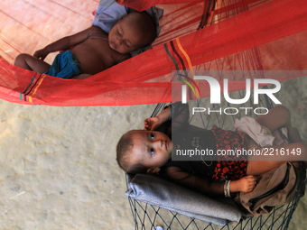 Rohingya children are sleeping in a tent at a refugee camp in Ukhia, Bangladesh as they fled from Myanmar’s military opperations on Septembe...