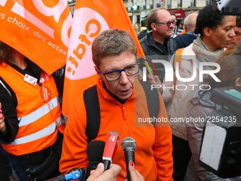 French Democratic Confederation of Labour (CFDT) union's - Public service - general secretary, Mylene Jacquot speaks with press during a dem...