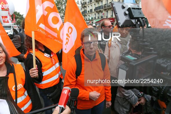 French Democratic Confederation of Labour (CFDT) union's - Public service - general secretary, Mylene Jacquot speaks with press during a dem...