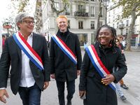 La France Insoumise (LFI) leftist party's members of Parliament Eric Coquerel (1st L), Adrien Quatennens (2nd L) and Danièle Obono (C) parti...