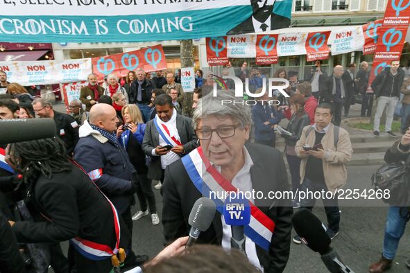La France Insoumise (LFI) leftist party's member of Parliament Eric Coquerel (C) speaks with press during a demonstration in Paris, France,...