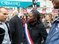 La France Insoumise (LFI) leftist party's members of Parliament Danièle Obono (C) participate in a demonstration in Paris, France, on Octobe...