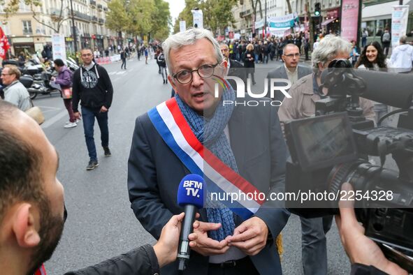 French Communist Party (PCF) national secretary Pierre Laurent (C) speaks with press during a demonstration in Paris, France, on October 10,...
