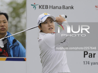 Min Ji Park of South Korea action on the 8th tee during an KEB HANA BANK LPGA Championship day 1 at Sky72 Ocean Golf range in Incheon, South...