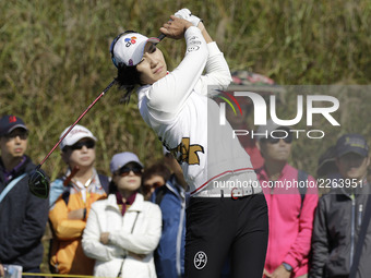 Min sun Kim of South Korea action on the 7th tee during an KEB HANA BANK LPGA Championship Final at Sky72 Ocean Golf range in Incheon, South...