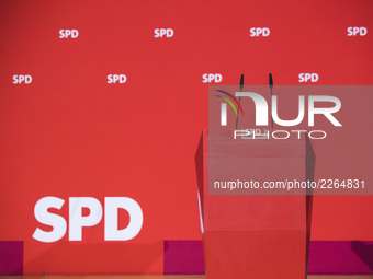 Empty desk at the Social Democratic Party (SPD) headquarters before the announcement of the first projections of the elections in Lower Saxo...