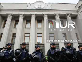 Police forces guards around Parliament building in Kyiv during the rally. Mikheil Saakashvili gathers few thousands to rally around Ukrainia...