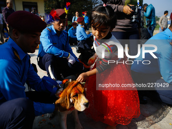 Nepal police officer worship police dogs applying vermillion power and flower during the “Kukur Tihar” or Dog worship day on the second day...