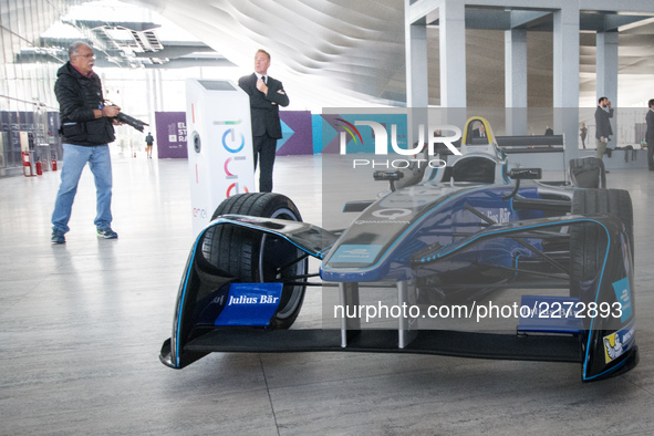 A Formula E racing car seen during a press conference in Rome, Italy on October 19, 2017. Rome will be hosting a Formula E world championshi...