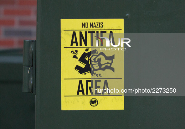 Anti-fascist stickers are placed around campus at the University of Florida in Gainesville, Florida, United States on October 19, 2017.  