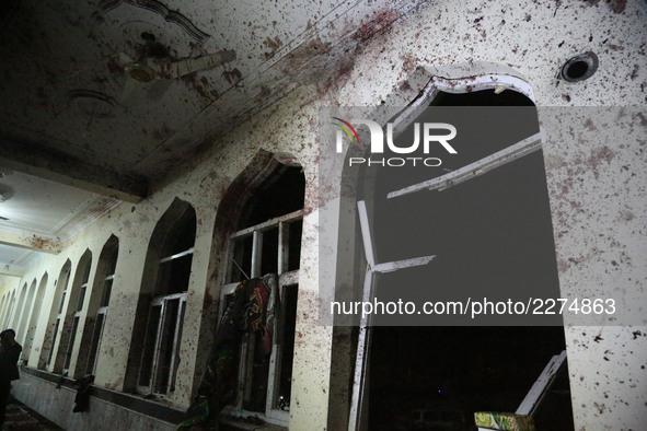 Photo taken on Oct. 20, 2017 shows the scene inside a Shiite mosque named Imam-e-Zaman after an attack in Dasht-e-Barchi locality in Kabul,...