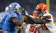 Cleveland Browns linebacker Josh Keyes (49) defends against Detroit Lions tight end Michae...