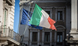 Italian and EU flags at Chigi Palace at the end of the Council of Ministers, leaving state...