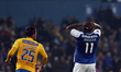 Porto's forward Moussa Marega from Mali (R ) reacts during the Portuguese League football...