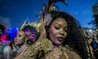 Revelers pose during street Carnival celebrations. Street carnival in Sao Paulo, many grou...