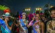 Revelers pose during street Carnival celebrations. Street carnival in Sao Paulo, many grou...