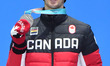 Silver medalist Max Parrot of Canada reacts during the medal ceremony of men's snowboard s...
