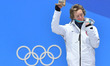 Champion Redmond Gerard of the U.S. reacts during the medal ceremony of men's snowboard sl...
