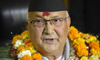 A Portrait of Nepal's newly elected Prime Minister KP Sharma Oli taking with the media per...