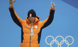 Second-placed Jorrit Bergsma of the Netherlands poses for photos during medal ceremony of...