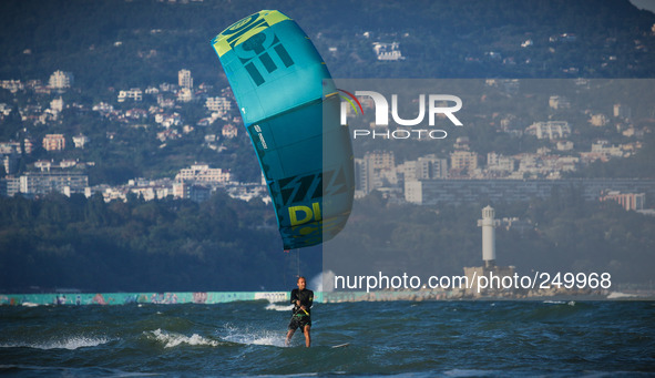 Kitesurfers enjoy extreme weather in the gulf of the Black sea town of Varna some 450 km to the East of the Bulgarian capital Sofia17, Aug....