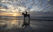 A palestinian man rides his horse during sunset on the beach of Gaza City, on February 20,...