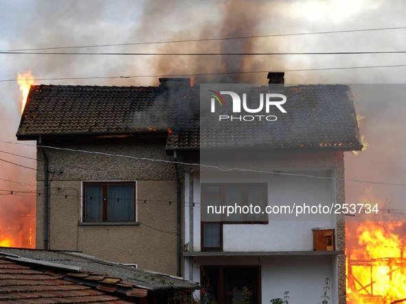 People try to escape, save belonging and observe houses in fire in the town of Rakitovo, near the Bulgarian capital Sofia, Saturday, Sep. 20...