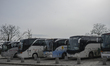 Tour buses are seen in Cracow, Poland on March 8, 2018. 