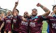 Salernitana players celebrate the victory at the end of the Serie B match between Salernit...