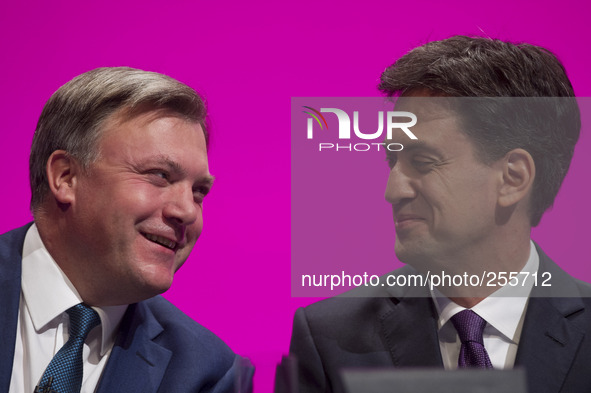 Ed Balls Shadow Chancellor of the Exchequer  with Ed Miliband Leader of the Labour Party at the 2014 Annual Labour Conference in Manchester.