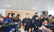 MP Nadia Savchenko talks to media representatives before the questioning at Security Servi...