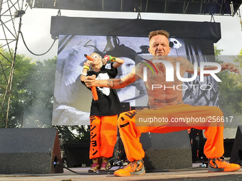 Ninja (L) and Yolandi Visser with Die Antwoord perform during Free Press Summer Festival (FPSF) in Eleanor Tinsley Park on June 1, 2014 in H...