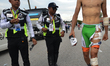 Luca Wackermann from Bardiani–CSF Team walks near the finish line of the sixth stage, as h...
