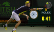 Diego Schwartzman, from Argentina, in action against Milos Raonic, from Canada, during his...
