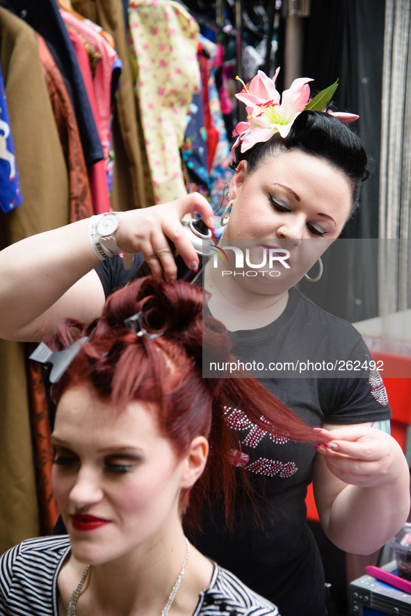 The 10th International London Tattoo Convention on 26/09/2014 at Tobacco Dock, London. Pin-up hair academy creating 1950's type hair styles...