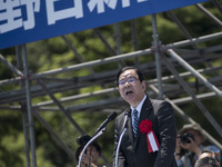 Japanese Communist Party Chair Kazuo Shii speaks during the May Day rally sponsored by the Japanese Trade Union Confederation, known as Reng...