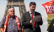 General Secretary of French workers' union CGT rail federation Laurent Brun (C), with Fren...