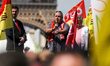 French CFDT trade union leader Didier Aubert (C) addresses protesters during a gathering o...