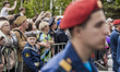 Child in navy customes during the celebration of 9th May in Sevastopol, Ukraine, on May 9,...