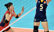 (141002) -- INCHEON, Oct. 2, 2014 () -- Ding Xia (R) of China passes the ball during the w...